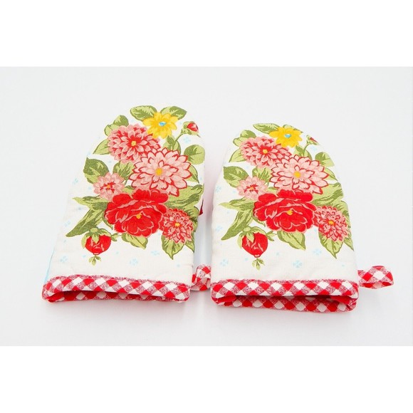 The Pioneer Woman Sweet Rose Mini Oven Mitt Pair Red Check Gingham Blue Floral - Picture 3 of 10